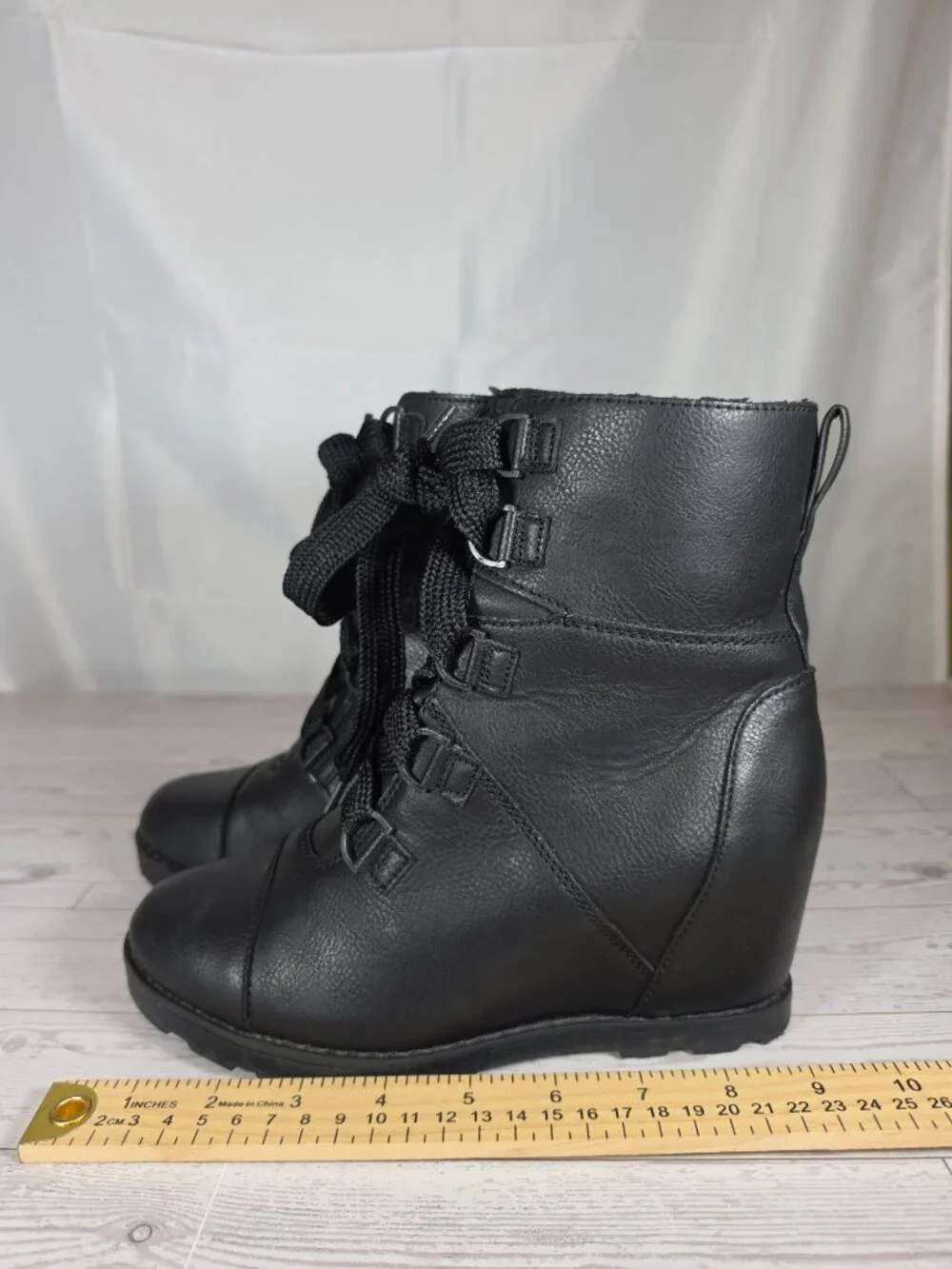 Universal Thread Black Ankle Boots Size 6.5 Lace Up Buckle Faux Leather Wedge